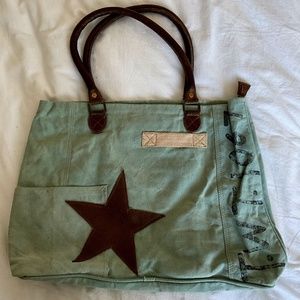 Distressed denim shoulder bag